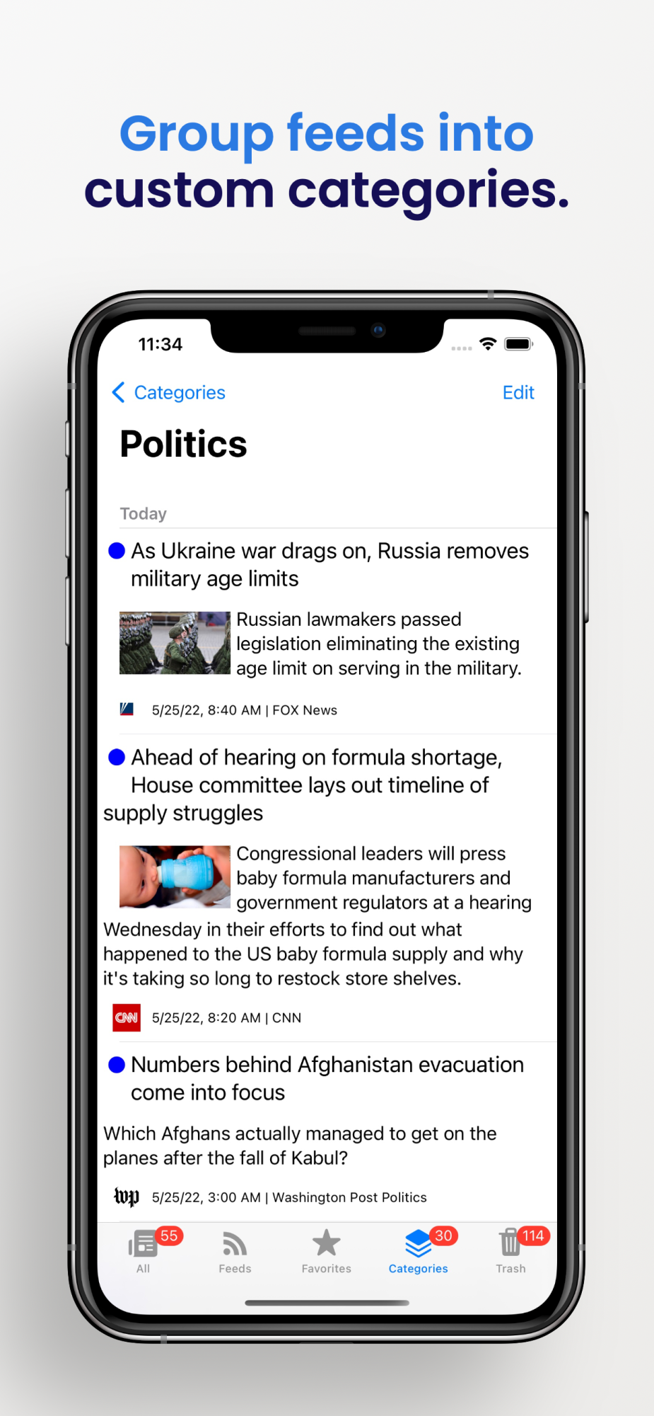 Next Level News app group feeds screenshot.