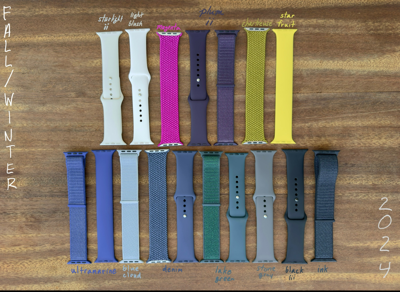 Group photo of fall 2024 Apple Watch Sport bands, sport loops, solo loops