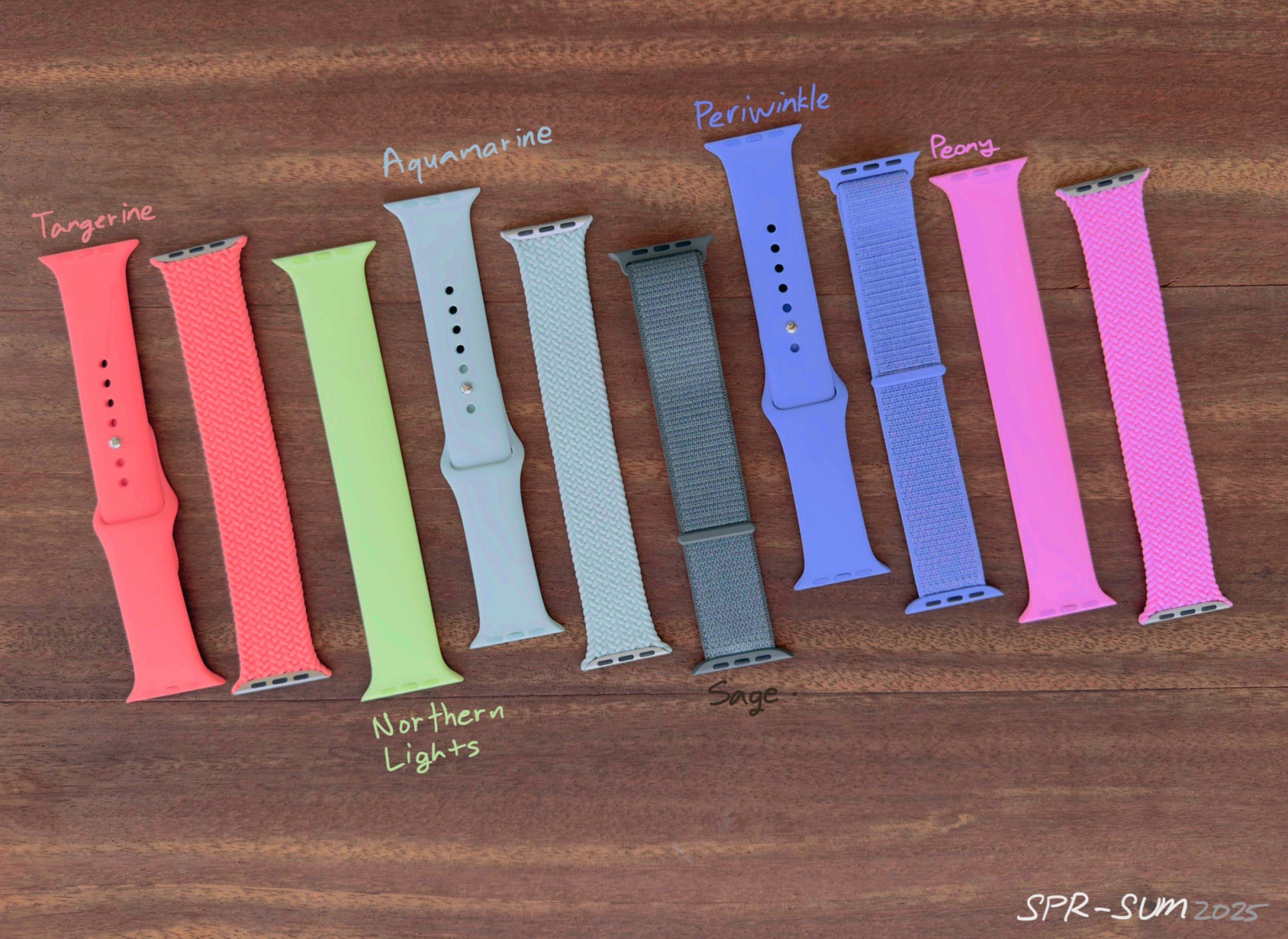 Tangerine, Northern Lights, Aquamarine, Sage, Periwinkle, Peony; wood background