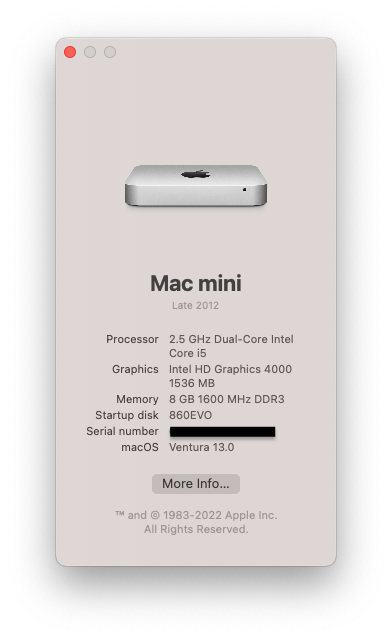 2012 Macmini6,1 Ventura redacted.png