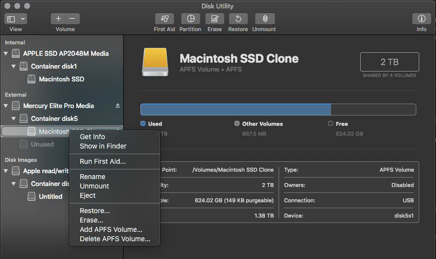 8 - Disk Utility - Mercury Elite Pro - APFS Volume (Macintosh SSD Clone) screenshot.png