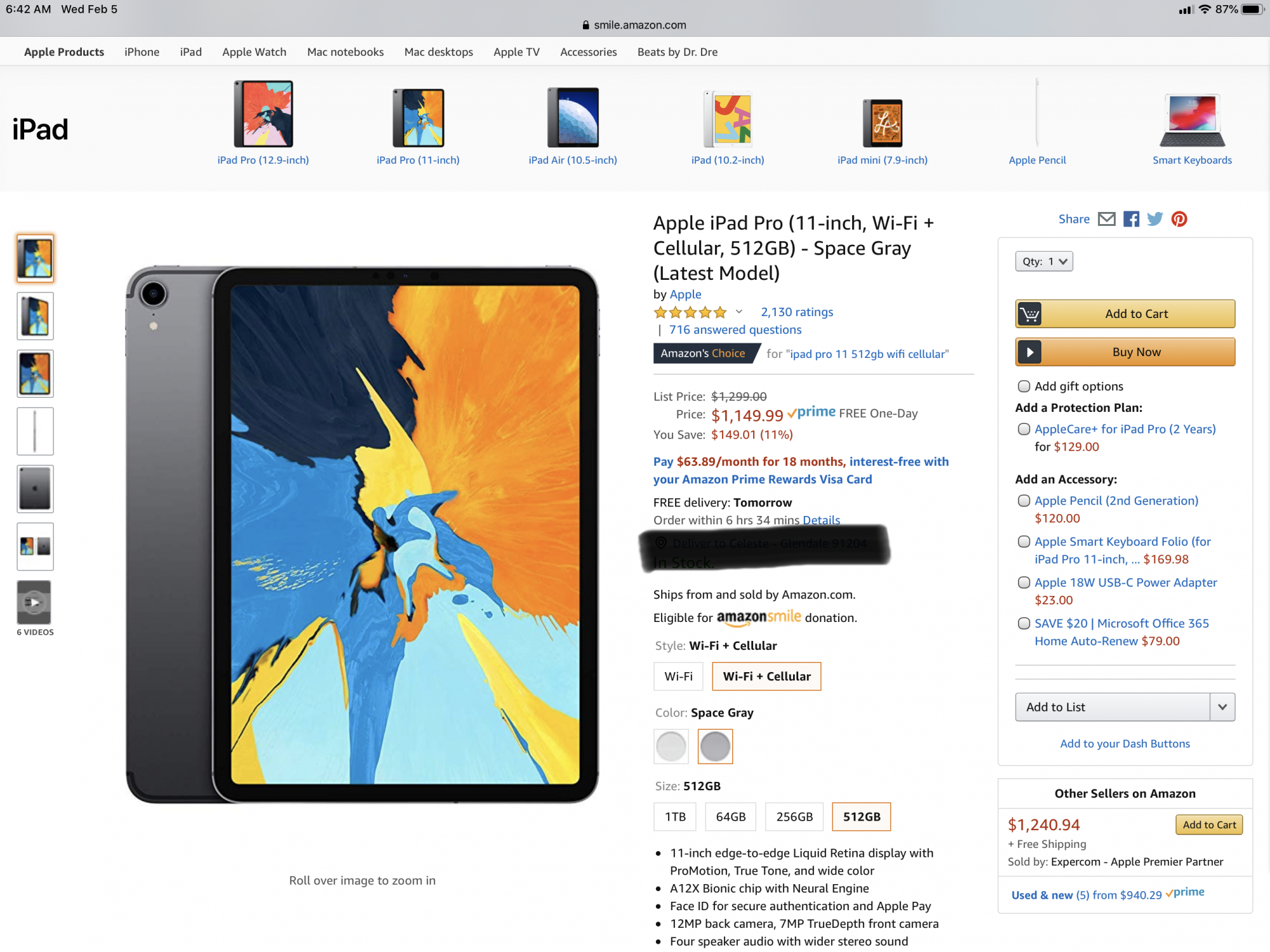 Apple iPad Pro (11-inch, Wi-Fi + Cellular, 512GB) - Space Gray.png