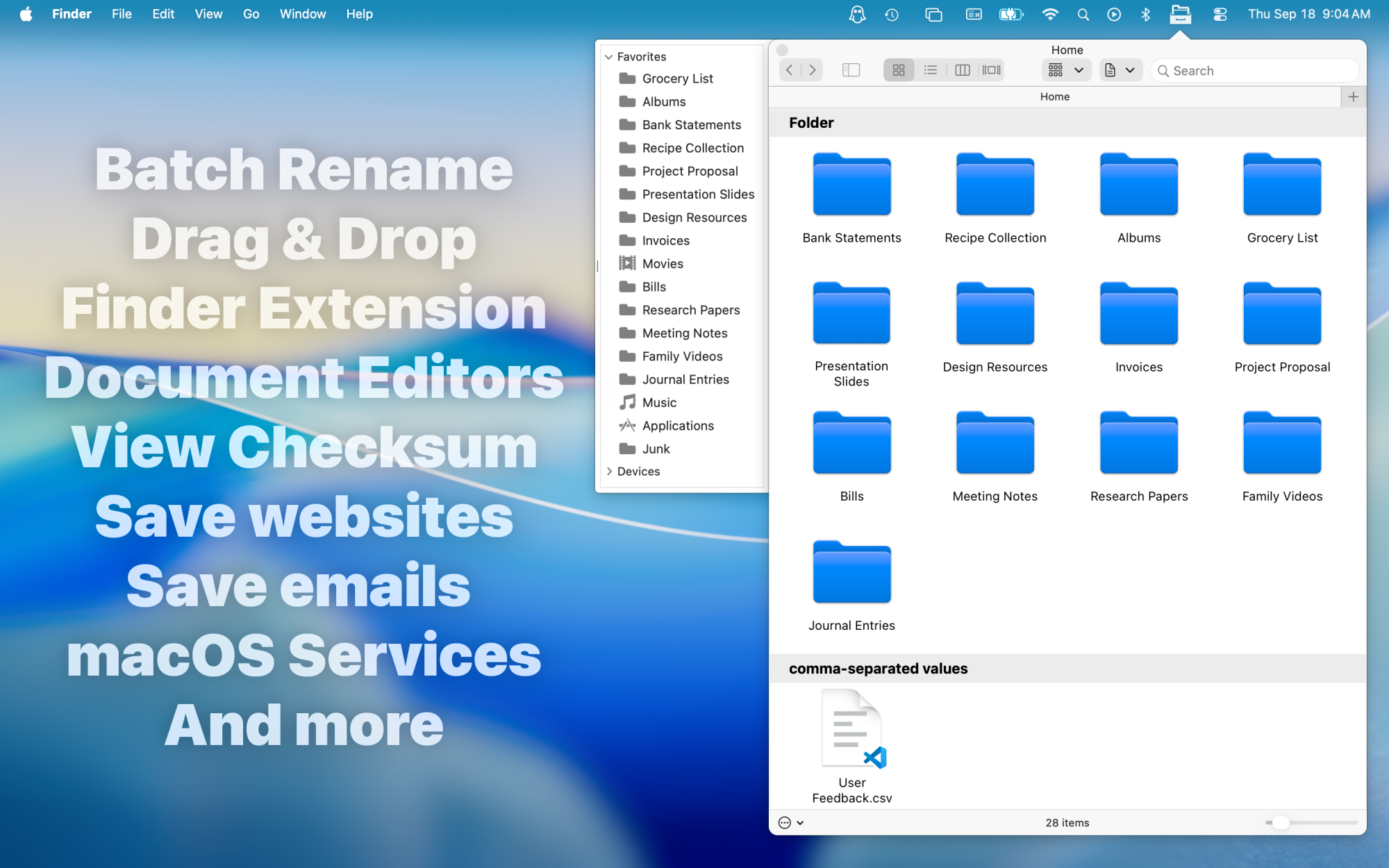 File Cabinet Pro running on macOS Tahoe screenshot annotated with partial feature list.