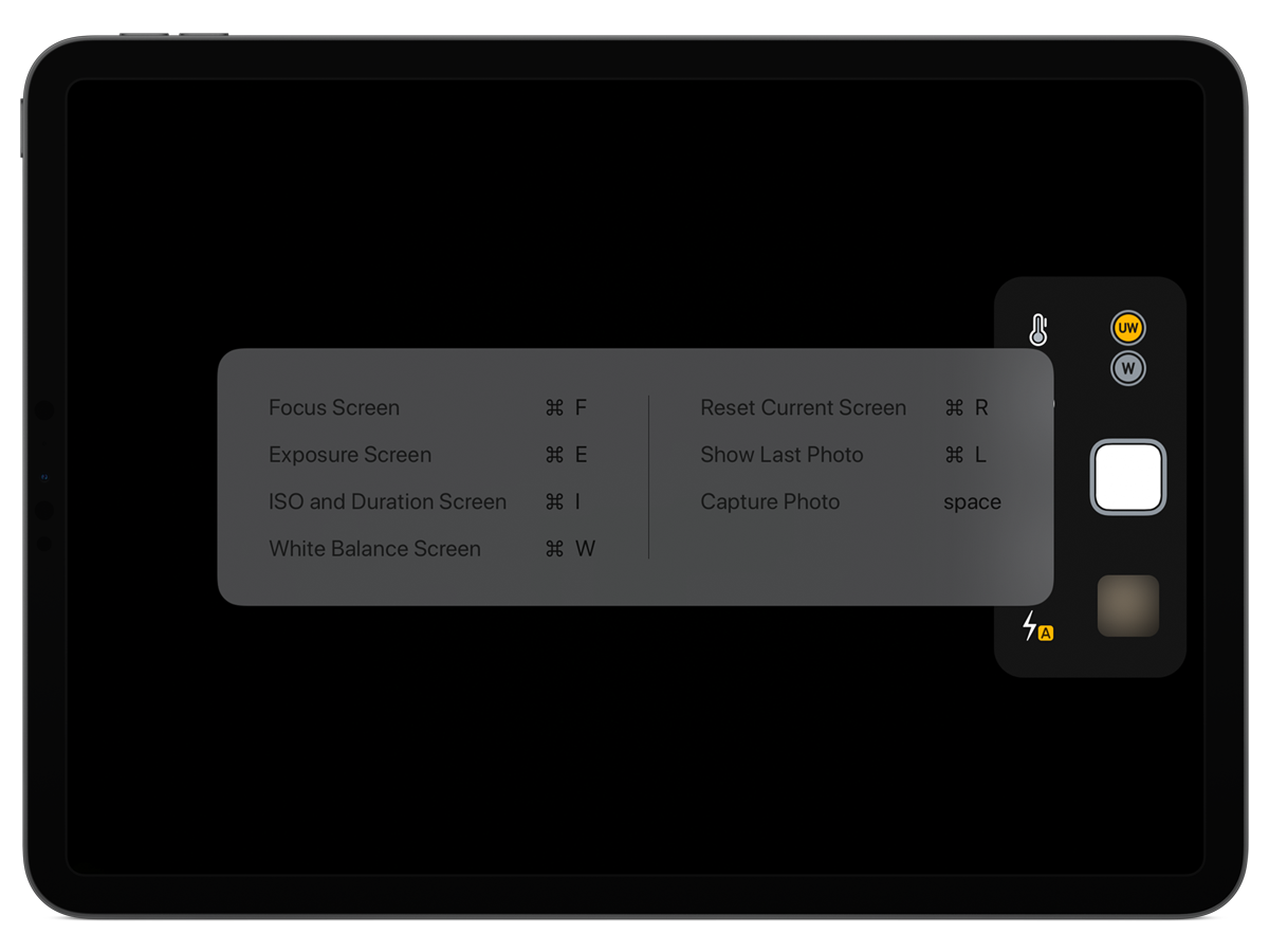 Camera-M App iPad Keyboard Shortcuts