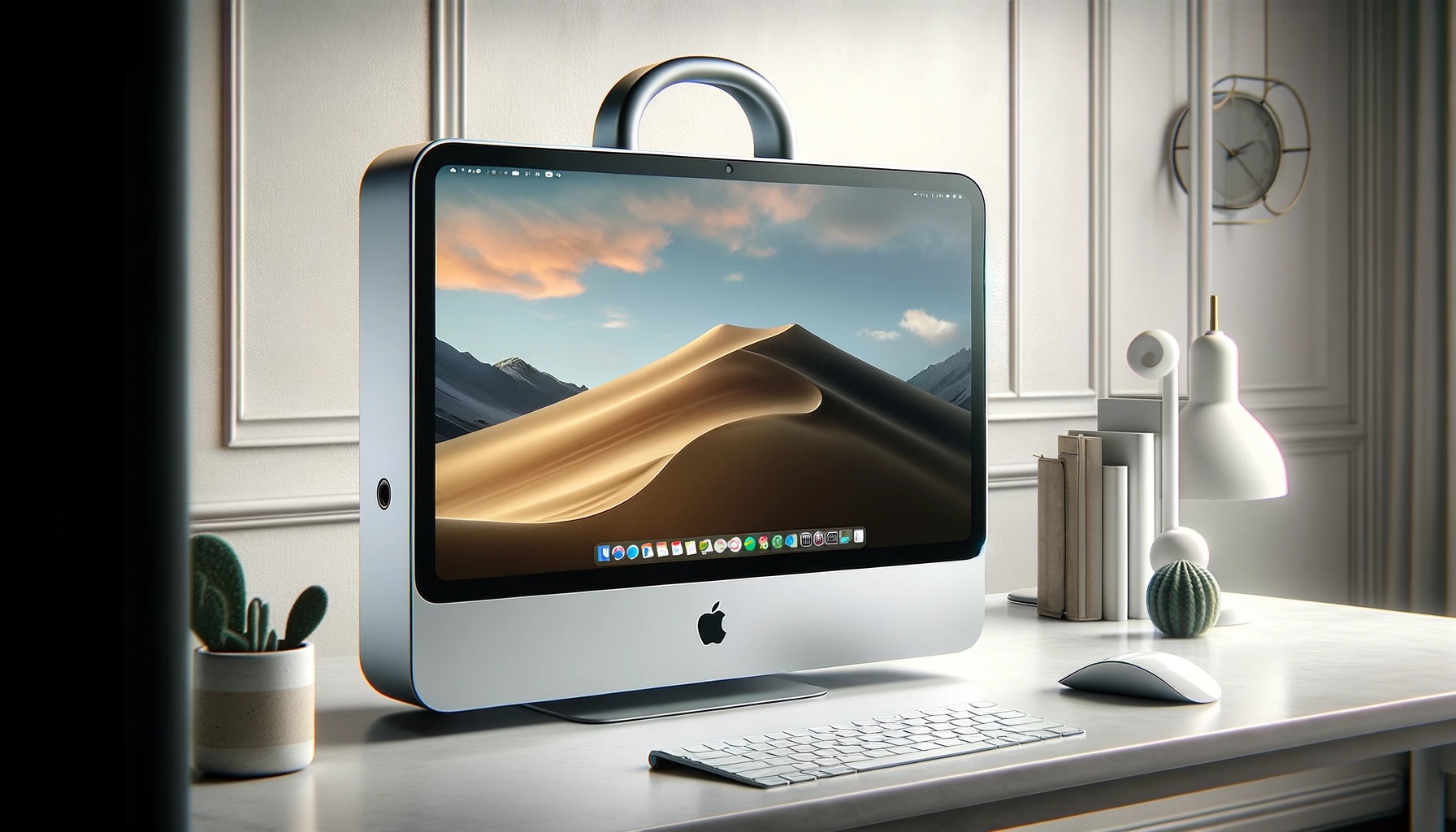 DALL·E 2024-05-24 13.11.29 - A sleek, modern M1 iMac with a built-in carrying handle at the t...jpeg