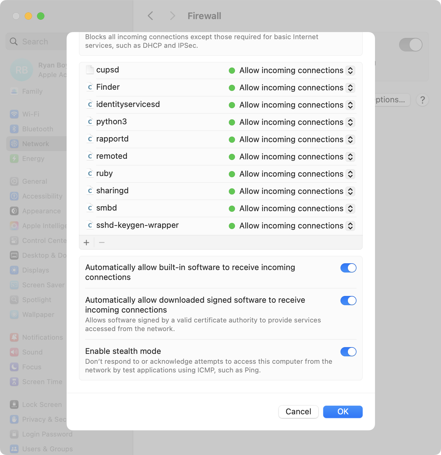 A screenshot of the macOS System Settings app, opened to the Firewall settings sheet.  It depicts the state of the configuration list after the issue described in this post was fixed.  All of the items in the list can be edited and removed.