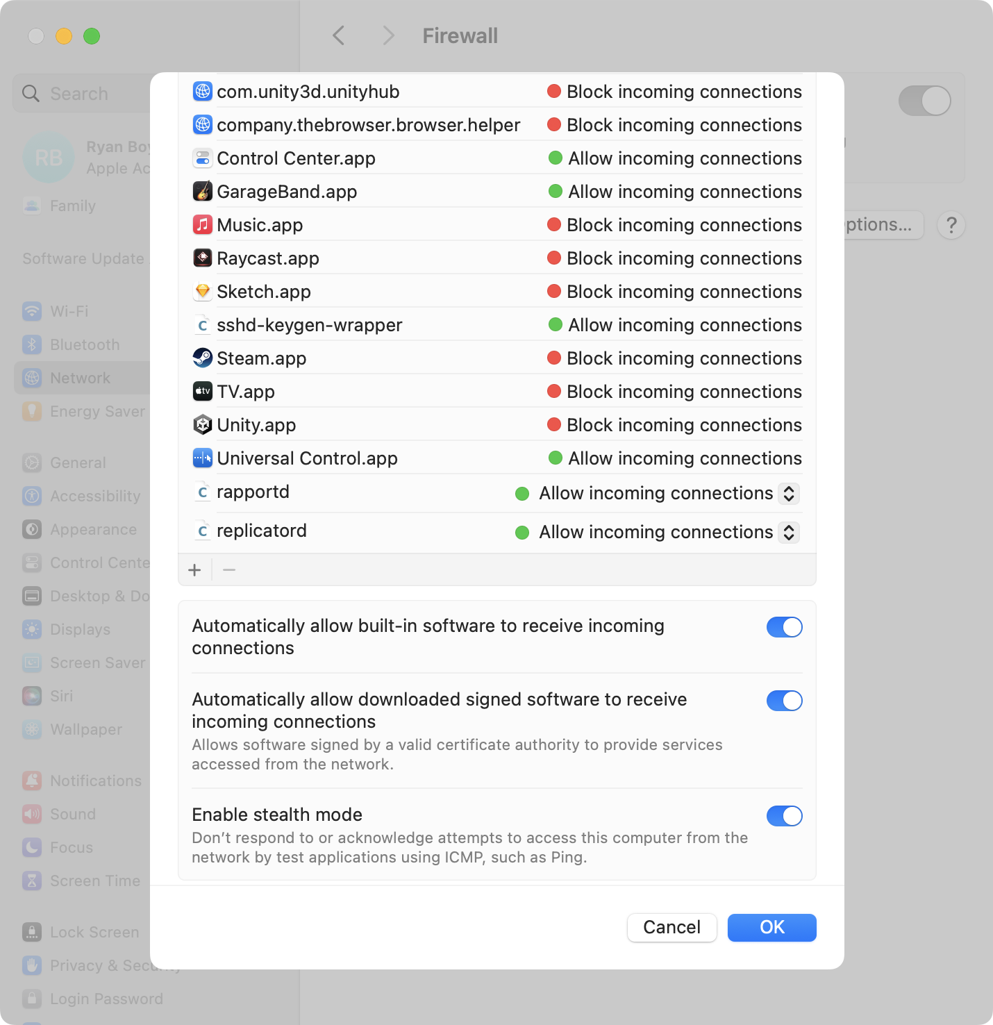 A screenshot of the macOS System Settings app, opened to the Firewall settings sheet.  It depicts the state of the configuration list before the issue described in this post was fixed.  Most of the items in the list cannot be edited or removed.