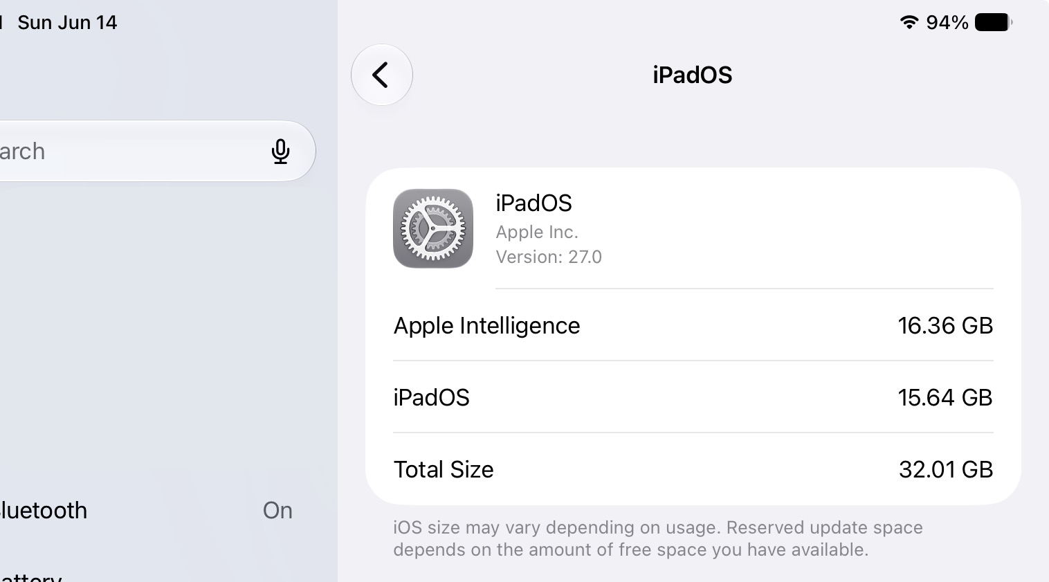 screenshot of ipados settings app showing 32.01gb of space taken up by iPadOS