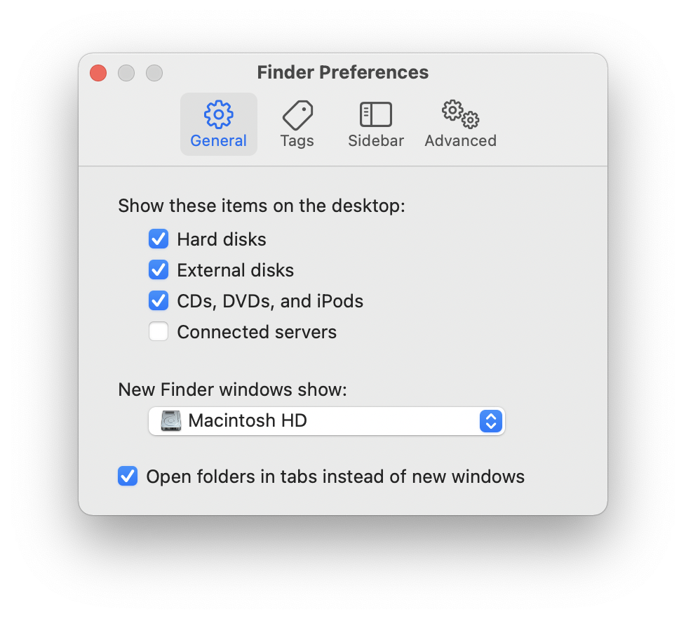 MacOS Finder Preferences Window