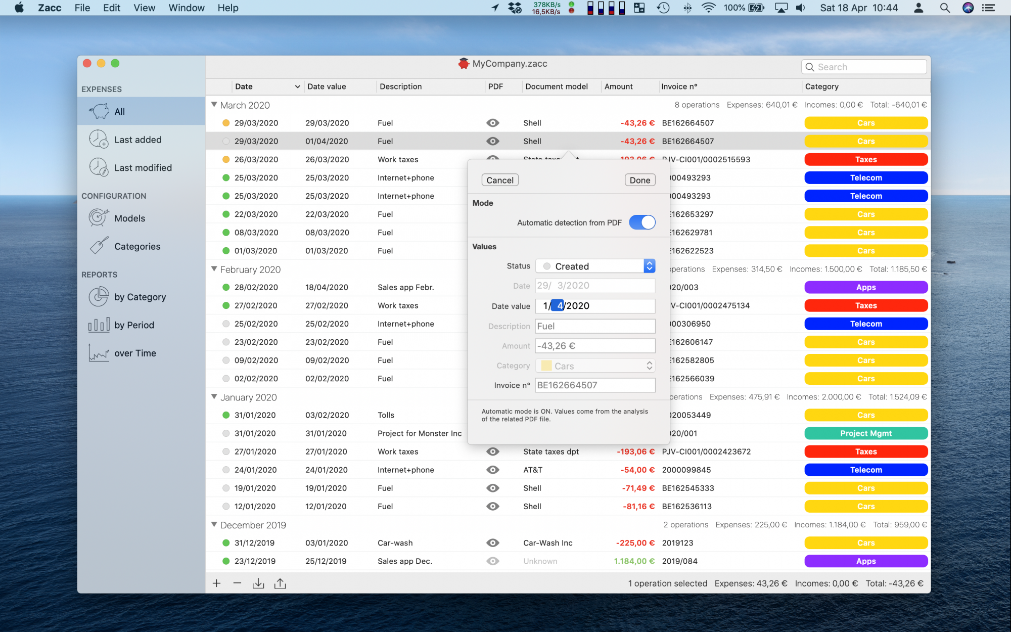 Expenses list with details view