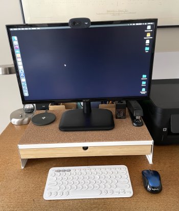 Acer 22" Monitor, Logitech K380 Keyboard, C270 webcam, M325 Mouse, IKEA Elloven Stand.jpg