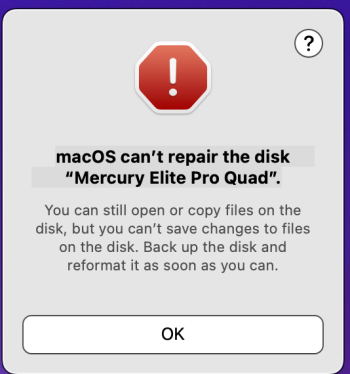 macOS can’t repair the disk “Mercury Elite Pro Quad”. You can still open or copy files on the ...png