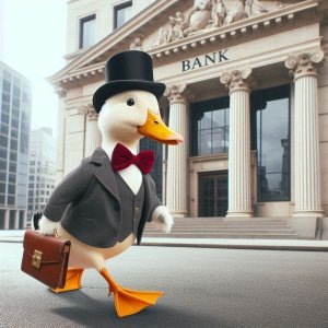 A duck dressed as a banker walking towards a bank building.jpg