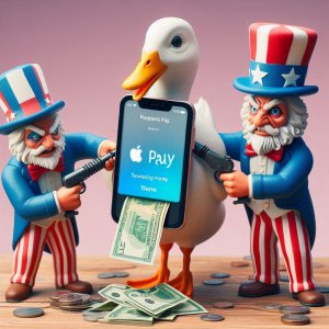 Pretend Apple Pay looks is a bank that looks like a Duck and Uncle Sam is squeezing money out ...jpg