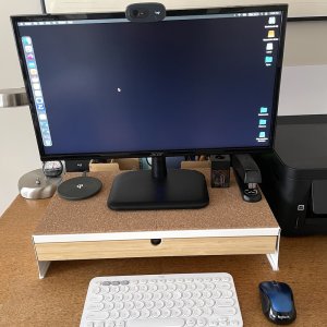 Acer 22" Monitor, Logitech K380 Keyboard, C270 webcam, M325 Mouse, IKEA Elloven Stand.jpg