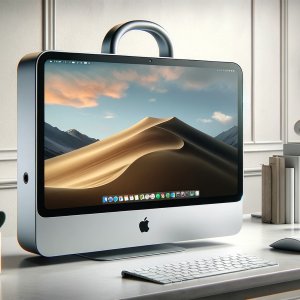 DALL·E 2024-05-24 13.11.29 - A sleek, modern M1 iMac with a built-in carrying handle at the t...jpeg