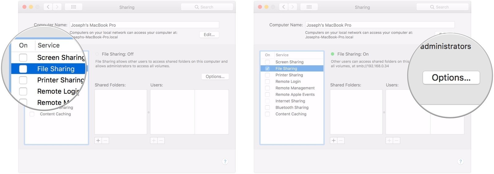 Check box next to File Sharing, click Options