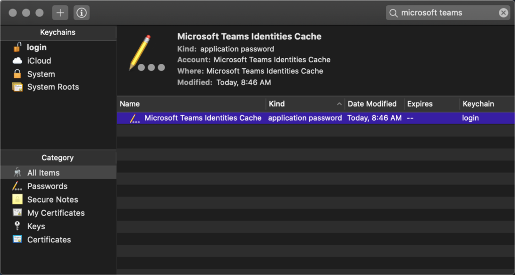 Searching for Microsoft Teams keys in keychain