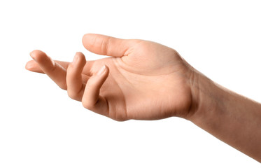 Woman holding hand on white background, closeup