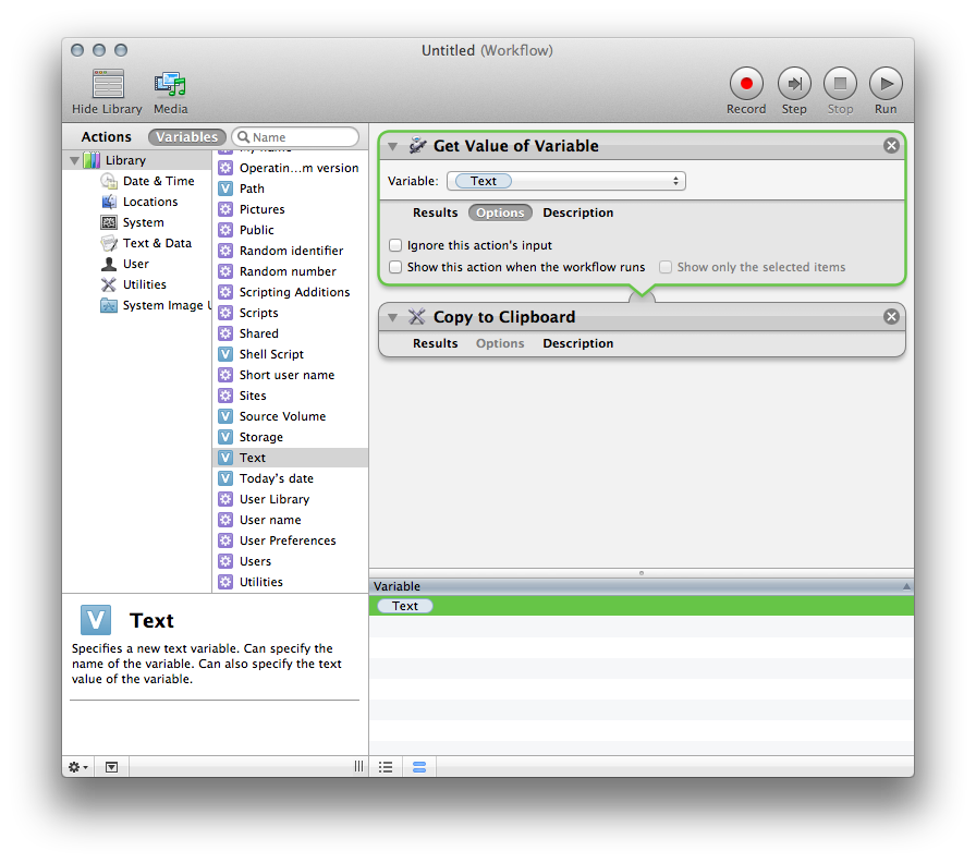 screenshot of automator setting the clipboard to null