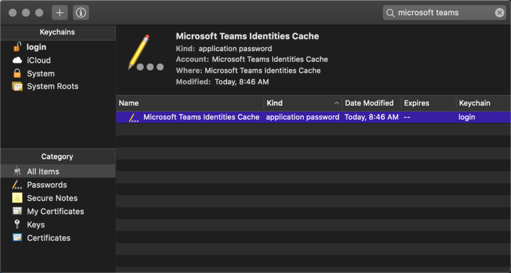 Searching for Microsoft Teams keys in keychain Searching for Microsoft Teams keys in keychain