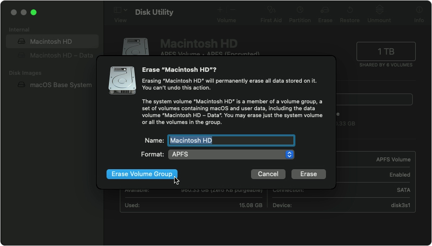 Disk Utility - Erase Volume Group Disk Utility - Erase Volume Group
